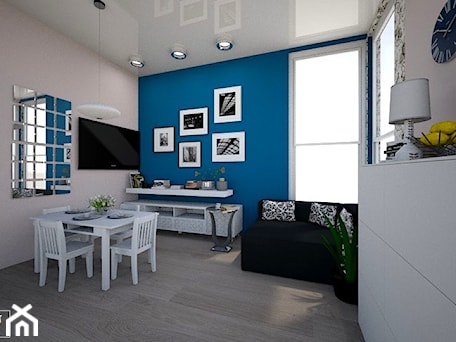 Aranżacje wnętrz - Salon: living room - Średni niebieski szary salon z jadalnią, styl tradycyjny - augustyndesign. Przeglądaj, dodawaj i zapisuj najlepsze zdjęcia, pomysły i inspiracje designerskie. W bazie mamy już prawie milion fotografii!