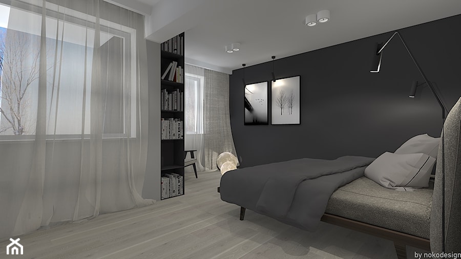 MIESZAKNIE W ŁODZI - Średnia czarna szara sypialnia, styl nowoczesny - zdjęcie od NOKODESIGN