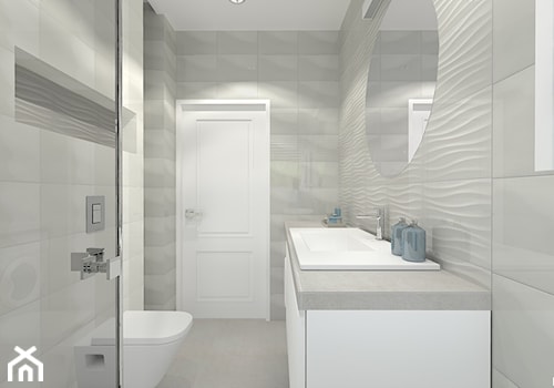 MIESZKANIE SINGIELKI - Mała bez okna z lustrem z marmurową podłogą z punktowym oświetleniem łazienka, styl nowoczesny - zdjęcie od NOKODESIGN