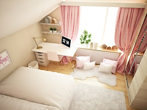 POKÓJ DZIEWCZYNKI - unicorne love - Mała beżowa z biurkiem sypialnia na poddaszu - zdjęcie od Natalia Galik Design