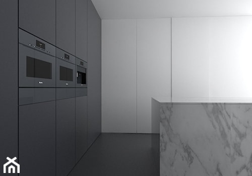 MIELE / Projekt Konkursowy / 2015 - Duża zamknięta z kamiennym blatem biała czarna z zabudowaną lodówką kuchnia w kształcie litery l z wyspą lub półwyspem, styl minimalistyczny - zdjęcie od NOOK studio