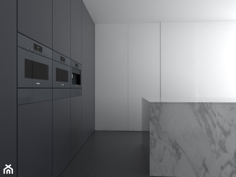 MIELE / Projekt Konkursowy / 2015 - Duża zamknięta z kamiennym blatem biała czarna z zabudowaną lodówką kuchnia w kształcie litery l z wyspą lub półwyspem, styl minimalistyczny - zdjęcie od NOOK studio