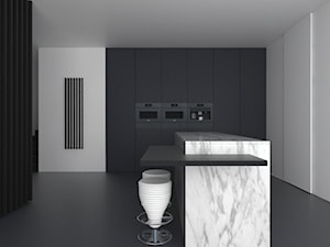 MIELE / Projekt Konkursowy / 2015 - Duża otwarta czarna szara z zabudowaną lodówką kuchnia jednorzędowa z wyspą lub półwyspem, styl minimalistyczny - zdjęcie od NOOK studio