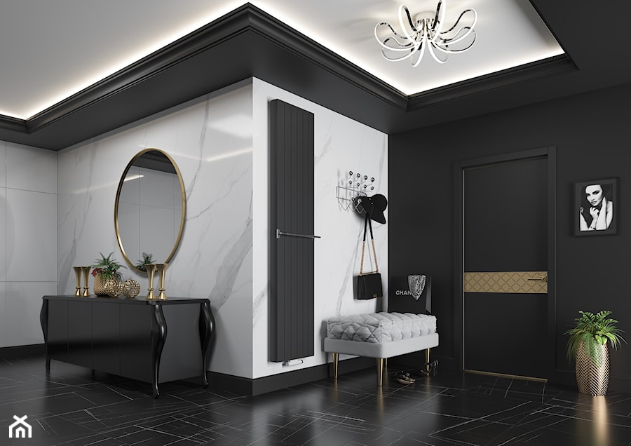 Faro - Duży z wieszakiem biały czarny z marmurem na podłodze hol / przedpokój, styl glamour - zdjęcie od Purmo Polska