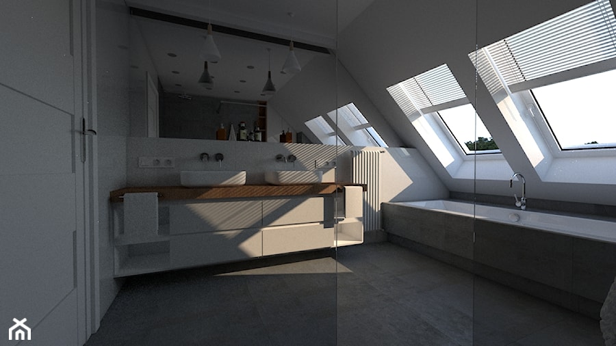 Łazienka Villa - Duża na poddaszu z lustrem z dwoma umywalkami z punktowym oświetleniem łazienka z oknem, styl skandynawski - zdjęcie od Ventana Sur Studio