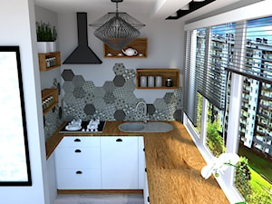 Mieszkanie w szarościach - Mała otwarta szara z zabudowaną lodówką z nablatowym zlewozmywakiem kuchnia w kształcie litery u z oknem, styl tradycyjny - zdjęcie od kaMMat design