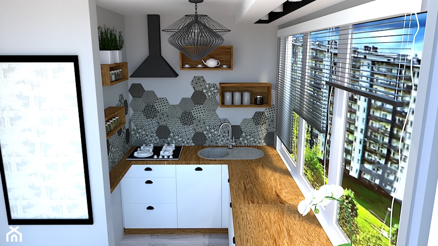 Mieszkanie w szarościach - Mała otwarta szara z zabudowaną lodówką z nablatowym zlewozmywakiem kuchnia w kształcie litery u z oknem, styl tradycyjny - zdjęcie od kaMMat design