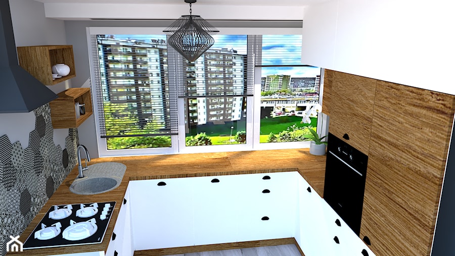 Mieszkanie w szarościach - Średnia zamknięta biała szara z zabudowaną lodówką z nablatowym zlewozmywakiem kuchnia w kształcie litery u z oknem, styl tradycyjny - zdjęcie od kaMMat design