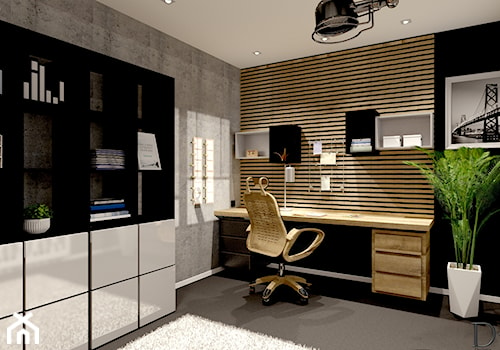 Nowoczesny pokój biurowy - Średnie w osobnym pomieszczeniu czarne szare z fotografiami na ścianie biuro, styl nowoczesny - zdjęcie od Projekty Wnętrz DOYS