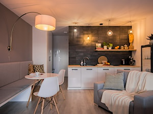 Apartament wakacyjny w Wiśle - Mała otwarta z salonem czarna szara z zabudowaną lodówką kuchnia jednorzędowa, styl skandynawski - zdjęcie od Aleksandra Ciurkot architektura wnętrz