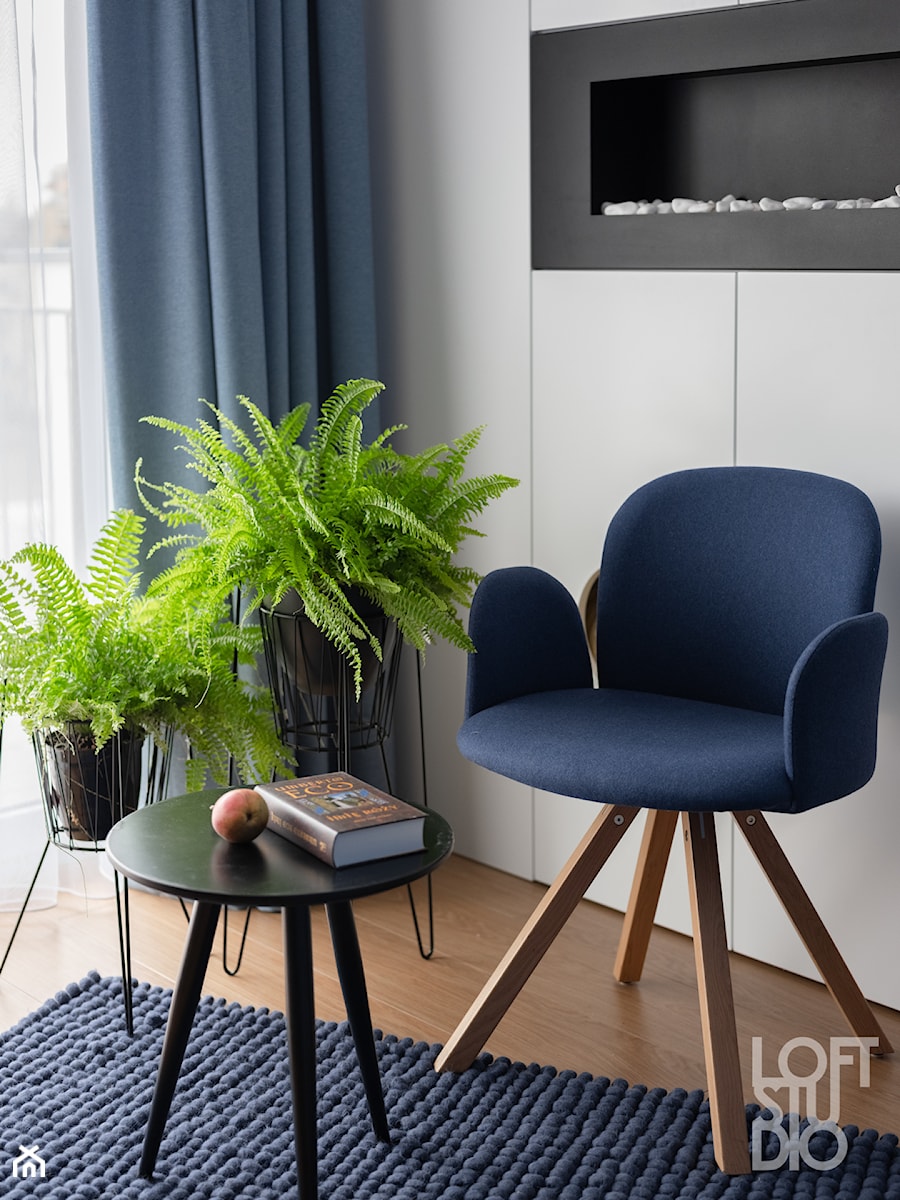 Mieszkanie z niebieskim motywem - Biały salon, styl skandynawski - zdjęcie od Loftstudio