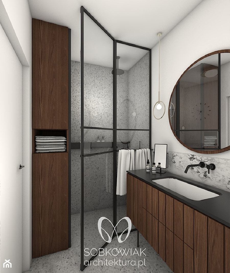 Colourful 50's - Mała bez okna z lustrem z marmurową podłogą łazienka, styl nowoczesny - zdjęcie od Sobkowiak Architektura