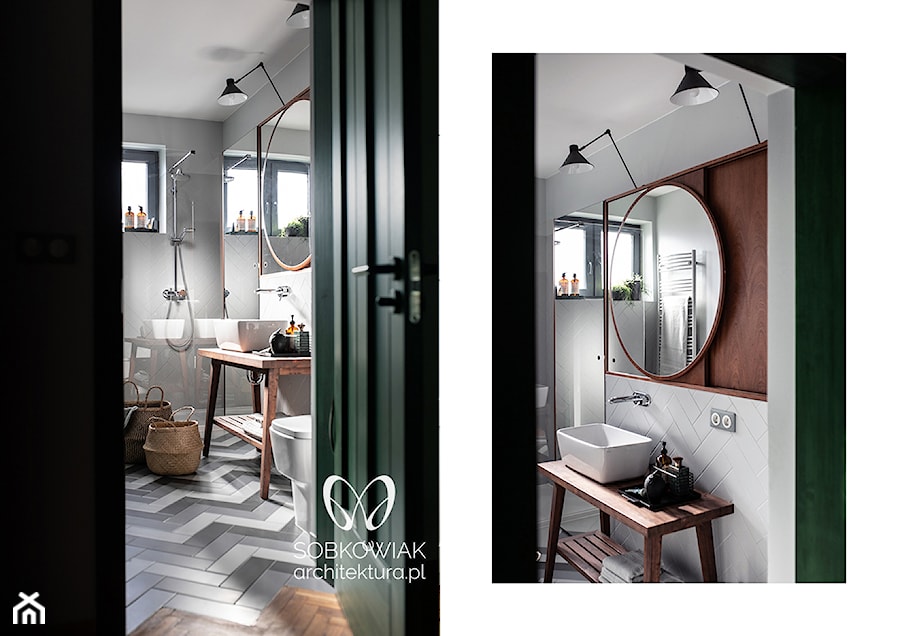 W chmurach - Średnia z lustrem łazienka z oknem, styl nowoczesny - zdjęcie od Sobkowiak Architektura