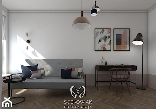 Colourful 50's - Średnia biała szara z biurkiem sypialnia - zdjęcie od Sobkowiak Architektura