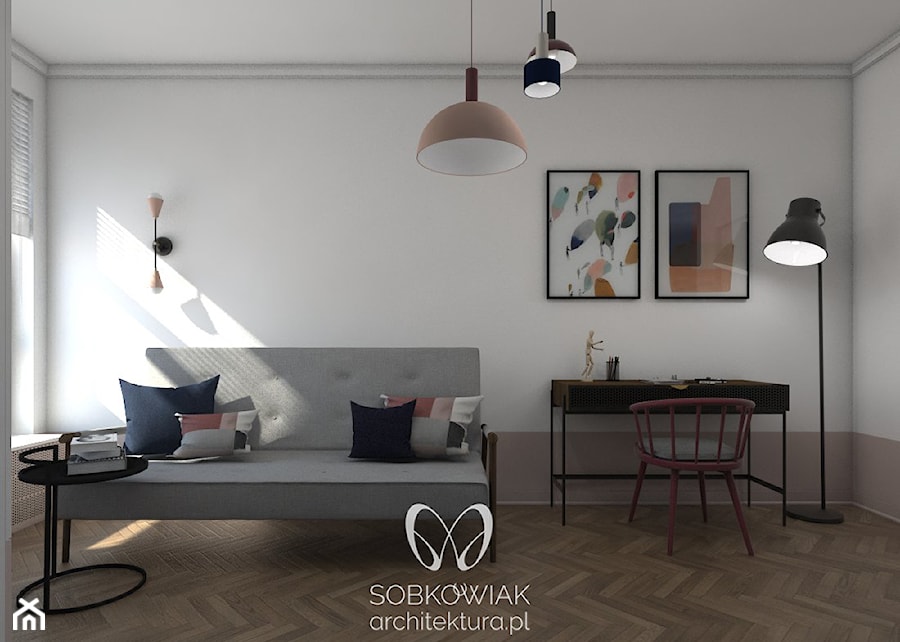 Colourful 50's - Średnia biała szara z biurkiem sypialnia - zdjęcie od Sobkowiak Architektura
