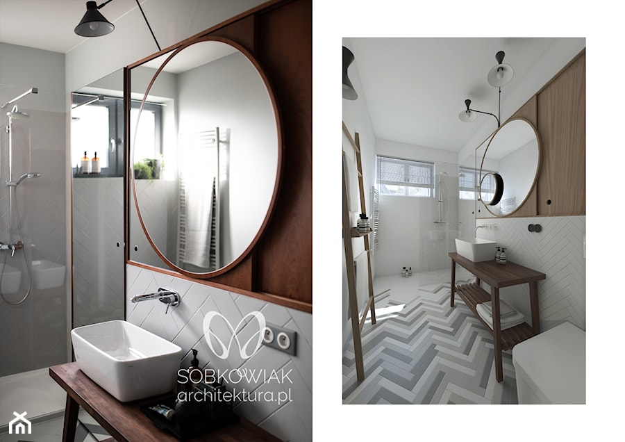 W chmurach - wizualizacja vs. realizacja - Średnia z lustrem łazienka z oknem, styl nowoczesny - zdjęcie od Sobkowiak Architektura