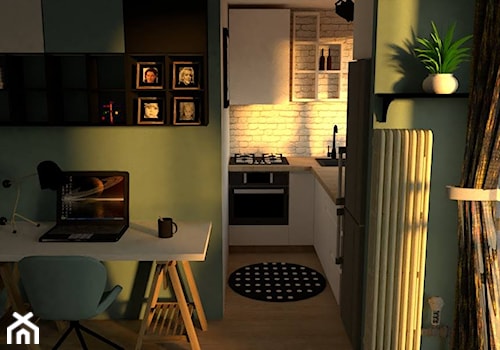 Lazurowy - Mały zielony salon z kuchnią, styl skandynawski - zdjęcie od Merlin Pastel - Projektowanie Wnętrz