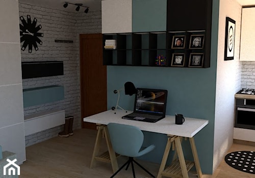 Lazurowy - Mały niebieski szary salon z kuchnią, styl skandynawski - zdjęcie od Merlin Pastel - Projektowanie Wnętrz