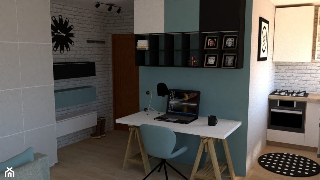 Lazurowy - Mały niebieski szary salon z kuchnią, styl skandynawski - zdjęcie od Merlin Pastel - Projektowanie Wnętrz - Homebook