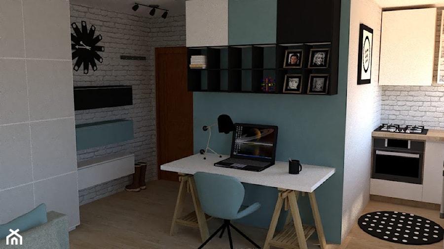 Lazurowy - Mały niebieski szary salon z kuchnią, styl skandynawski - zdjęcie od Merlin Pastel - Projektowanie Wnętrz