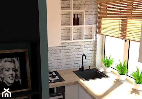 Lazurowy - Mała otwarta szara z zabudowaną lodówką z nablatowym zlewozmywakiem kuchnia w kształcie litery l z oknem, styl skandynawski - zdjęcie od Merlin Pastel - Projektowanie Wnętrz