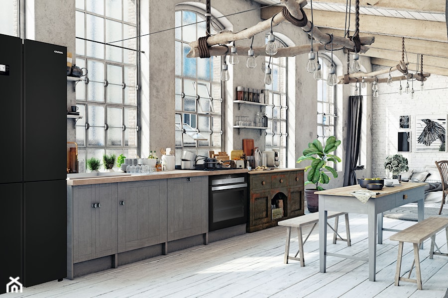 Kuchnia w amerykańskim stylu - Średnia otwarta z salonem z kamiennym blatem szara z zabudowaną lodówką z nablatowym zlewozmywakiem kuchnia jednorzędowa, styl industrialny - zdjęcie od Grundig