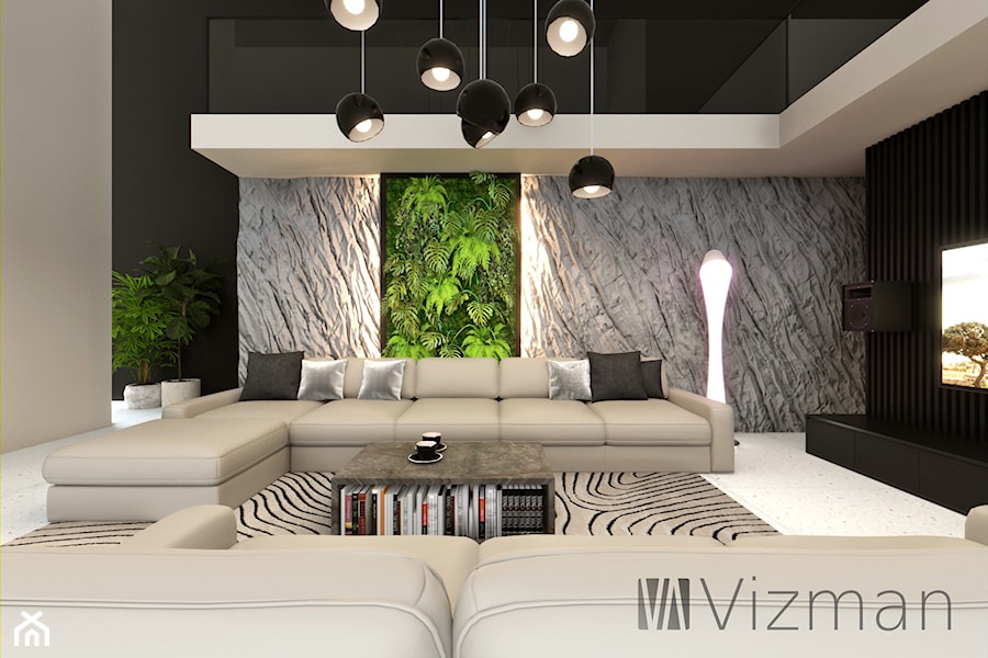 Salon z nietypową kamienną ścianą - zdjęcie od Vizman Design