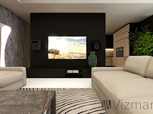 Salon z nietypową kamienną ścianą - zdjęcie od Vizman Design