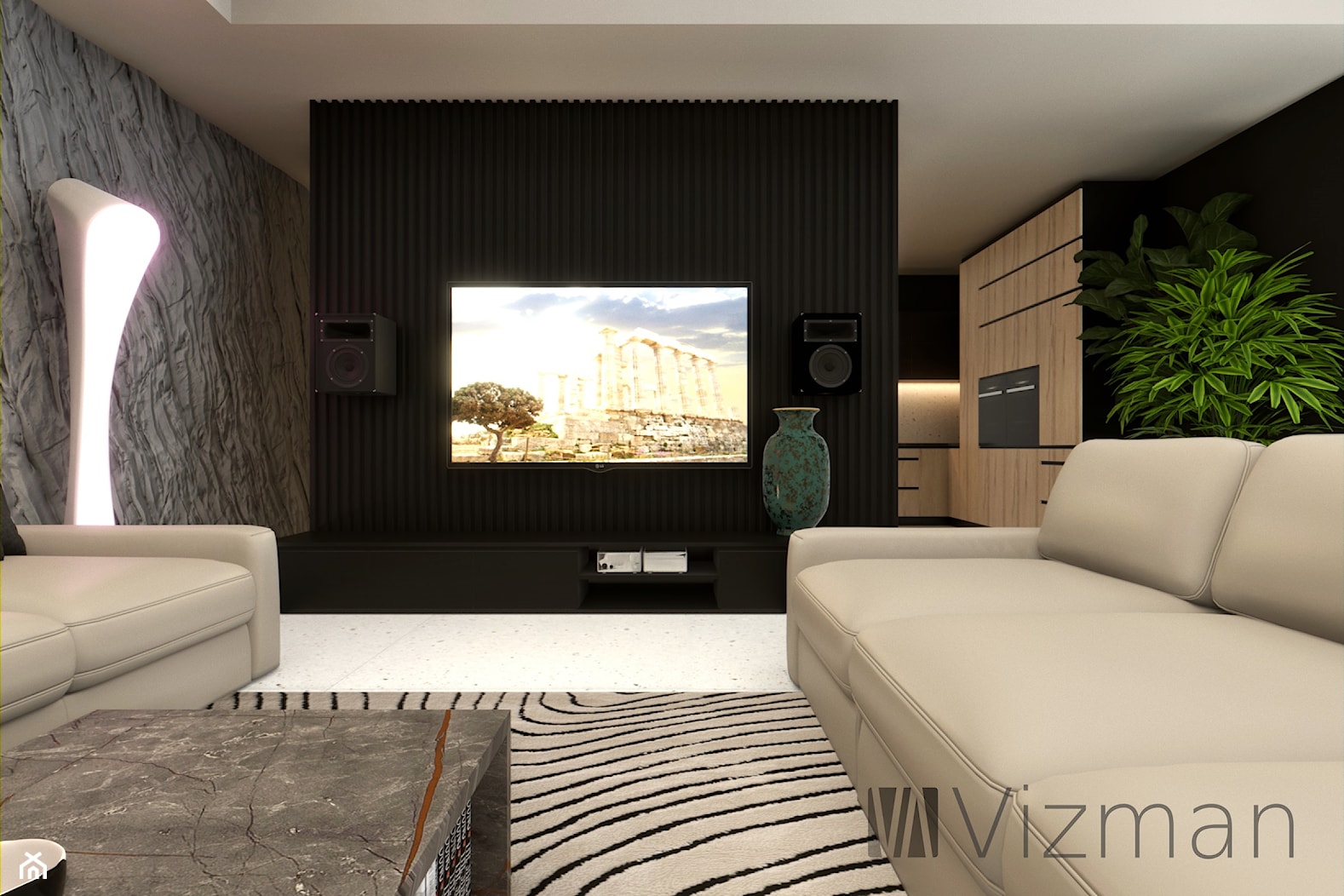 Salon z nietypową kamienną ścianą - zdjęcie od Vizman Design - Homebook