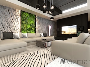 Salon z nietypową kamienną ścianą - zdjęcie od Vizman Design