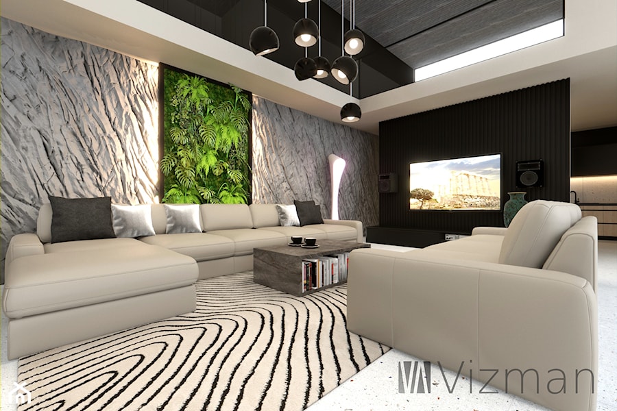 Salon z nietypową kamienną ścianą - zdjęcie od Vizman Design