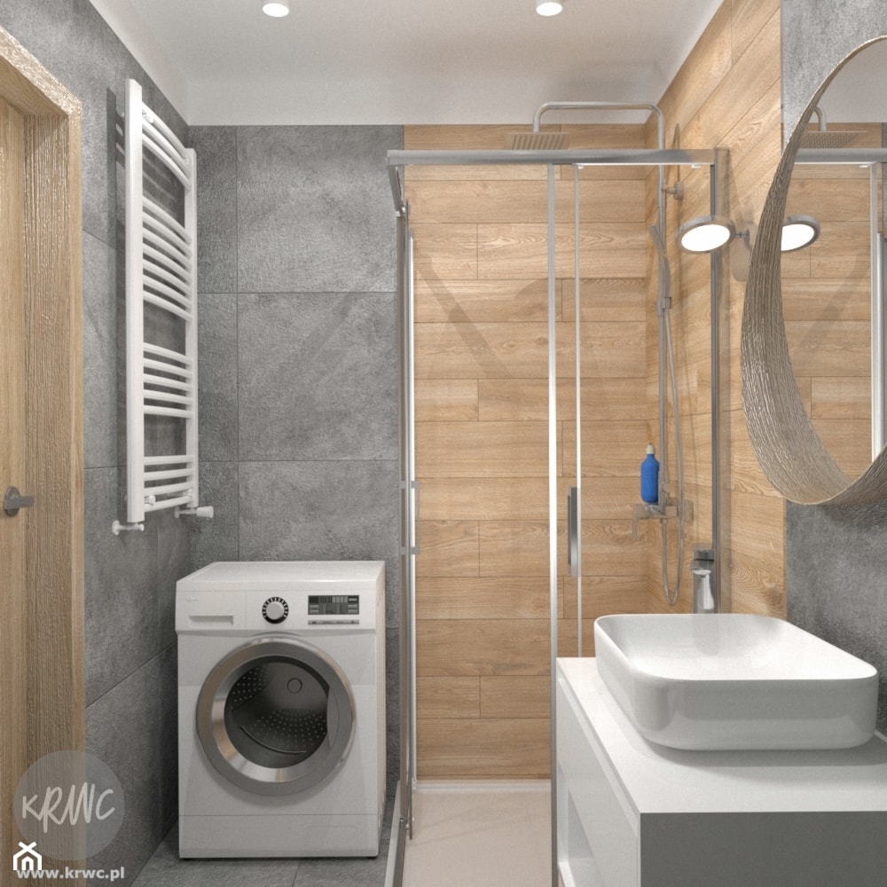 Projekt łazienki - Mała bez okna z pralką / suszarką z lustrem z punktowym oświetleniem łazienka, styl nowoczesny - zdjęcie od KRWC Design - Homebook