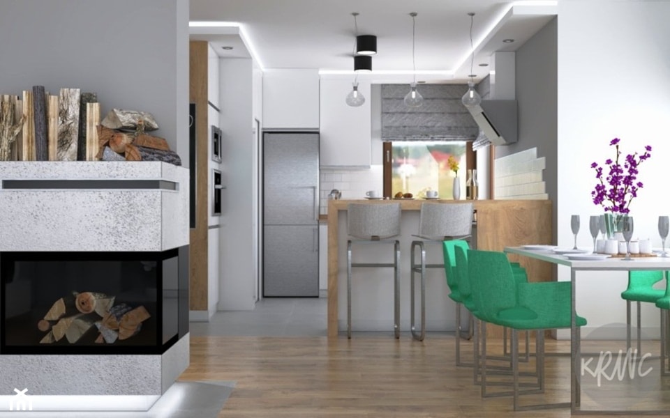 Pokój dzienny z otwartą kuchnią - Mały szary salon z kuchnią z jadalnią, styl nowoczesny - zdjęcie od KRWC Design - Homebook