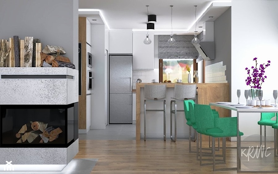 Pokój dzienny z otwartą kuchnią - Mały szary salon z kuchnią z jadalnią, styl nowoczesny - zdjęcie od KRWC Design