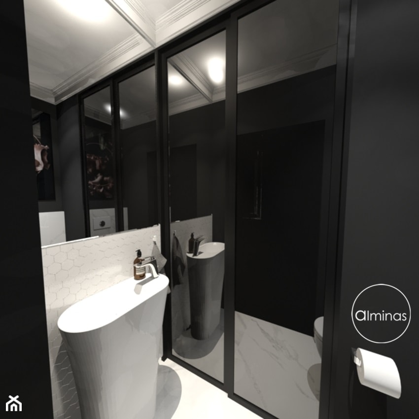 Klasyczna elegancja - Mała bez okna z lustrem z marmurową podłogą łazienka, styl tradycyjny - zdjęcie od ALMINAS WNĘTRZA