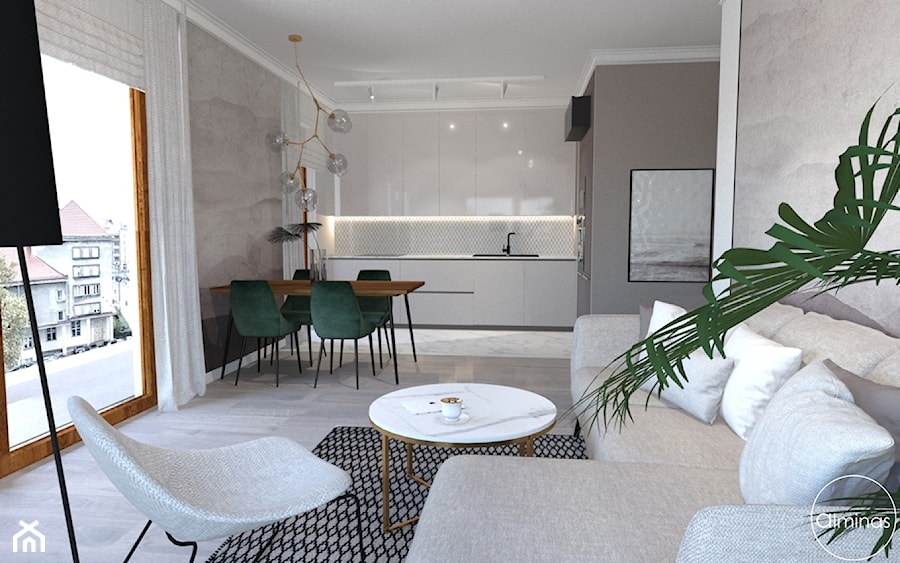 Mieszkanie ZEN - Średni szary salon z kuchnią z jadalnią - zdjęcie od ALMINAS WNĘTRZA