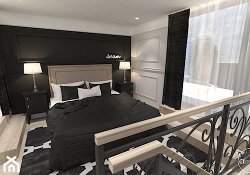 Elegancja w męskim stylu - Średnia biała czarna szara sypialnia, styl glamour - zdjęcie od ALMINAS WNĘTRZA