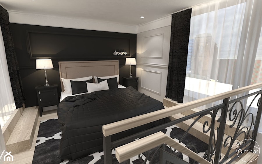 Elegancja w męskim stylu - Średnia biała czarna szara sypialnia, styl glamour - zdjęcie od ALMINAS WNĘTRZA