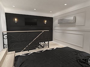 Elegancja w męskim stylu - Mała czarna szara sypialnia na antresoli, styl tradycyjny - zdjęcie od ALMINAS WNĘTRZA