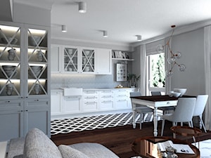 Klasyczna elegancja - Duża otwarta z salonem szara z zabudowaną lodówką z nablatowym zlewozmywakiem kuchnia jednorzędowa z oknem, styl tradycyjny - zdjęcie od ALMINAS WNĘTRZA