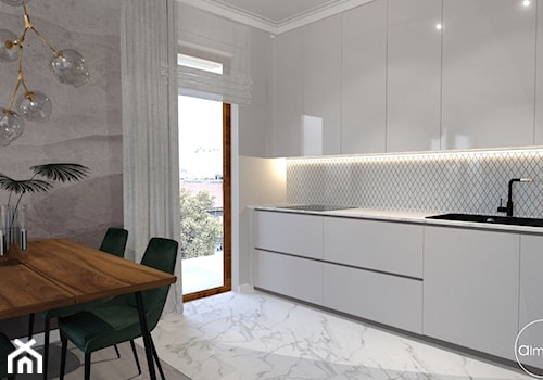 Mieszkanie ZEN - Średnia otwarta z salonem biała z zabudowaną lodówką z nablatowym zlewozmywakiem kuchnia jednorzędowa z oknem z marmurową podłogą - zdjęcie od ALMINAS WNĘTRZA