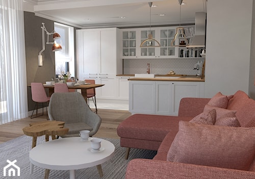 Skandynawski w ciepłym różem paryskim - Mały szary salon z kuchnią z jadalnią, styl skandynawski - zdjęcie od ALMINAS WNĘTRZA
