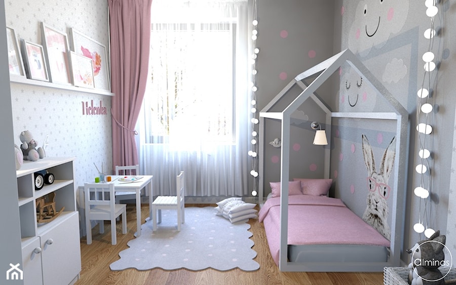 Skandynawski w ciepłym różem paryskim - Średni szary pokój dziecka dla dziecka dla dziewczynki, styl skandynawski - zdjęcie od ALMINAS WNĘTRZA