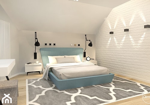 Przebudowa 10 letniego domu - Średnia biała szara sypialnia na poddaszu, styl skandynawski - zdjęcie od ALMINAS WNĘTRZA