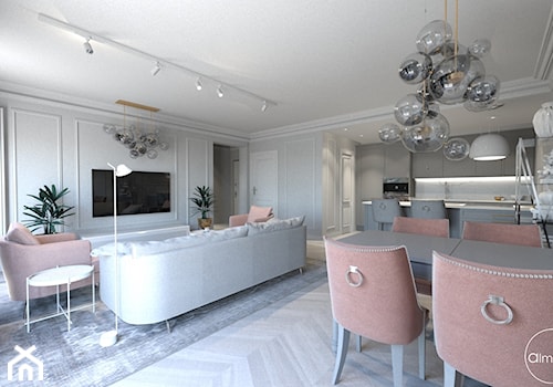 Róż Paryski delikatność i kobiecość - Duży szary salon z kuchnią z jadalnią, styl glamour - zdjęcie od ALMINAS WNĘTRZA