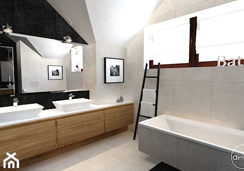 Przebudowa 10 letniego domu - Średnia na poddaszu z lustrem z dwoma umywalkami łazienka z oknem, styl skandynawski - zdjęcie od ALMINAS WNĘTRZA