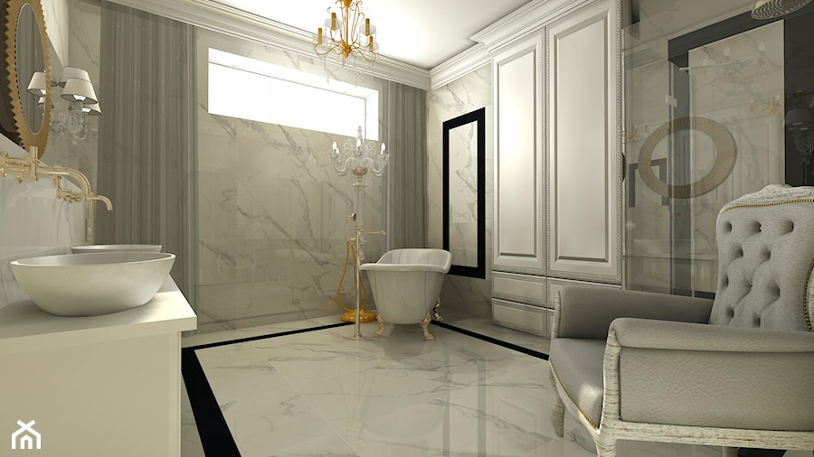 ŁAZIENKA GLAMOUR - Duża z dwoma umywalkami z marmurową podłogą łazienka z oknem, styl glamour - zdjęcie od Mariusz Krzysztofik