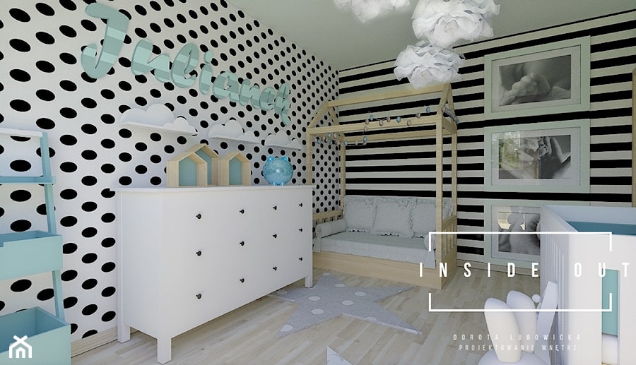 Pokój dla noworodka - Średni biały czarny pokój dziecka dla niemowlaka dla dziecka dla chłopca dla dziewczynki dla rodzeństwa, styl skandynawski - zdjęcie od INSIDE OUT Dorota Lubowicka Projektowanie Wnętrz