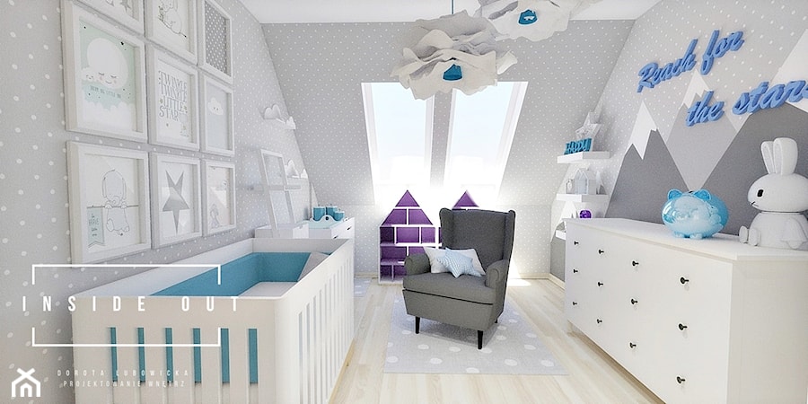 Pokój dla noworodka - Średni szary pokój dziecka dla niemowlaka dla chłopca dla dziewczynki, styl skandynawski - zdjęcie od INSIDE OUT Dorota Lubowicka Projektowanie Wnętrz