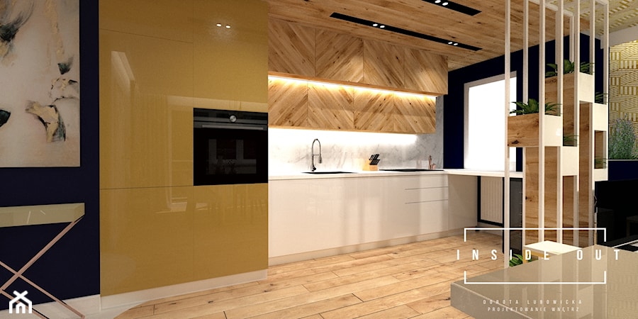 Apartament Sopot - Średnia otwarta z kamiennym blatem czarna z zabudowaną lodówką z nablatowym zlewozmywakiem kuchnia jednorzędowa z oknem z marmurem nad blatem kuchennym, styl nowoczesny - zdjęcie od INSIDE OUT Dorota Lubowicka Projektowanie Wnętrz